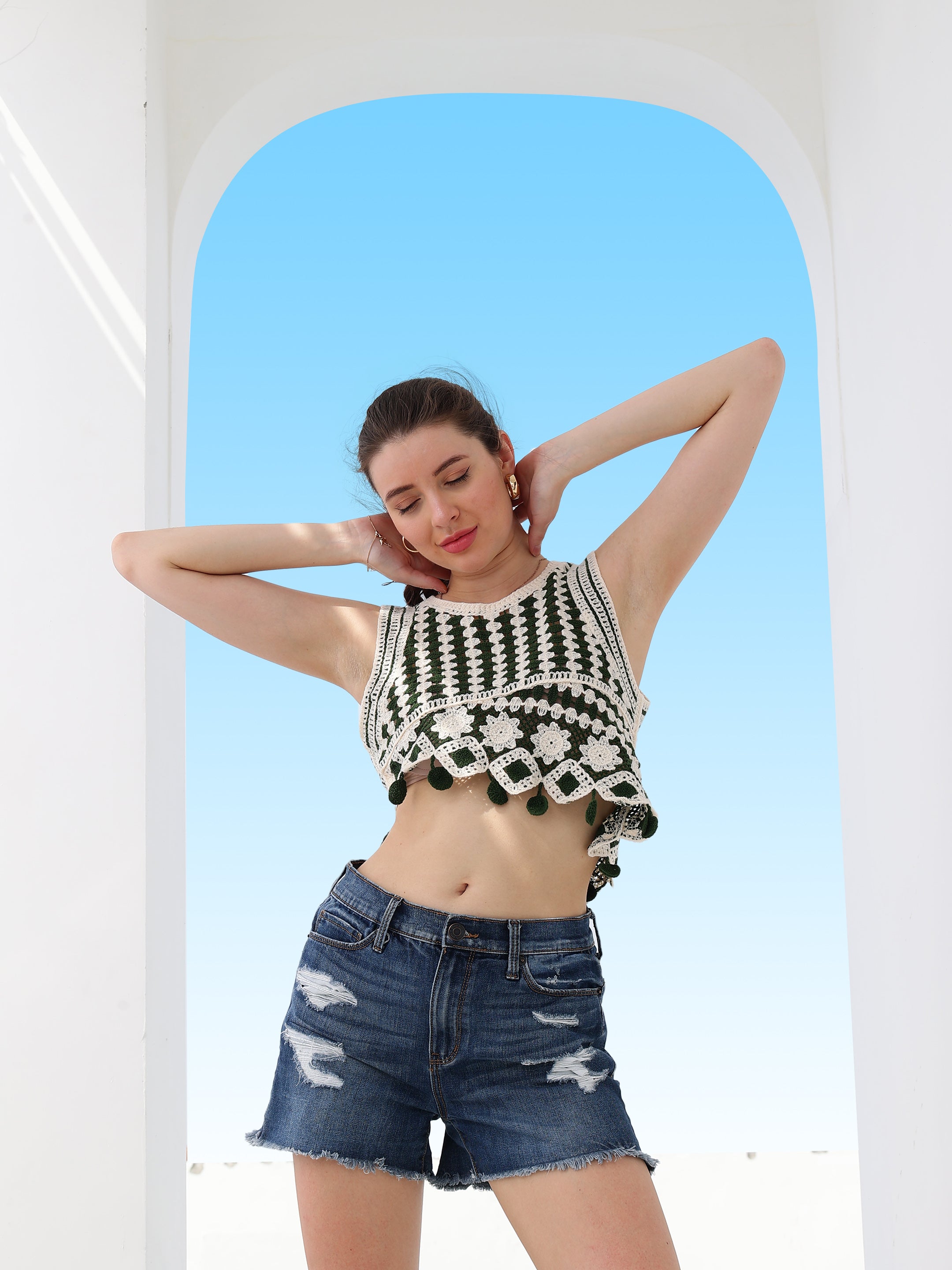 Women's Boho By Athena Casual Self Design Light Green Top