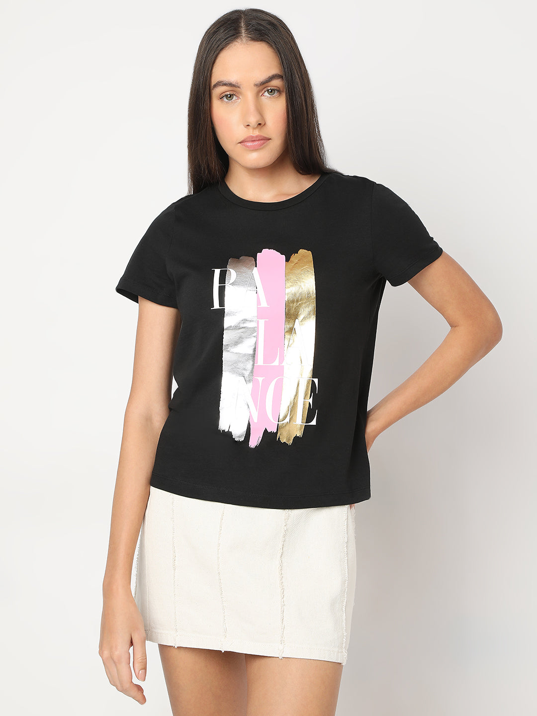 Women's Black Printed Cotton T-Shirt