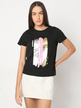 Women's Black Printed Cotton T-Shirt