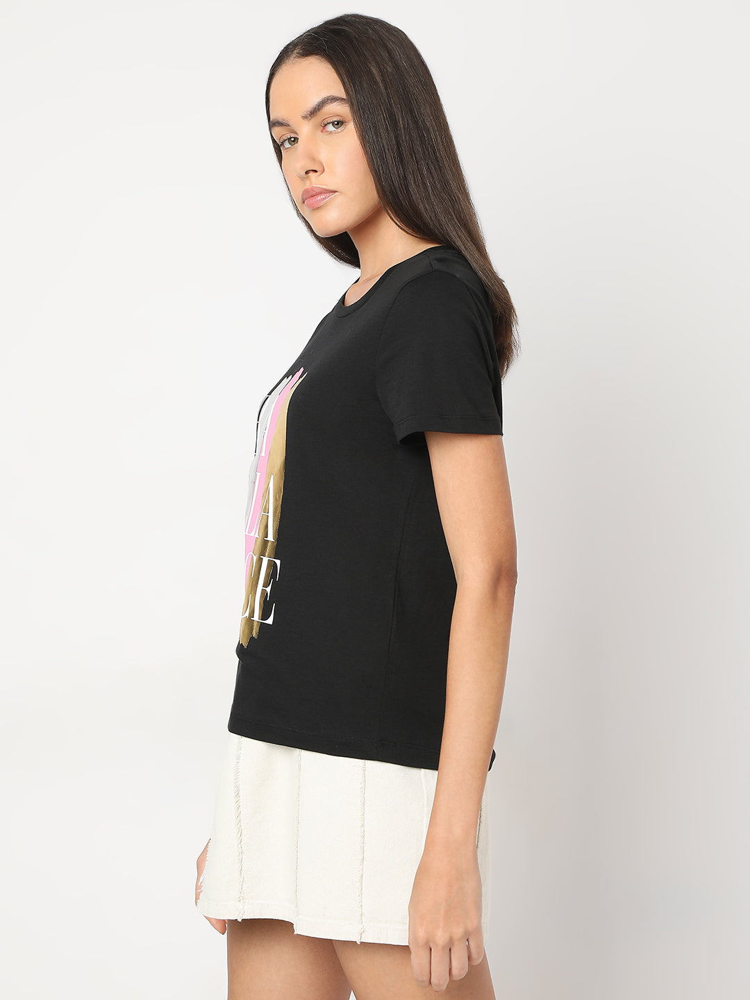 Women's Black Printed Cotton T-Shirt