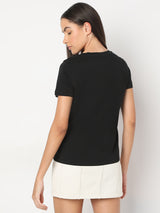 Women's Black Printed Cotton T-Shirt