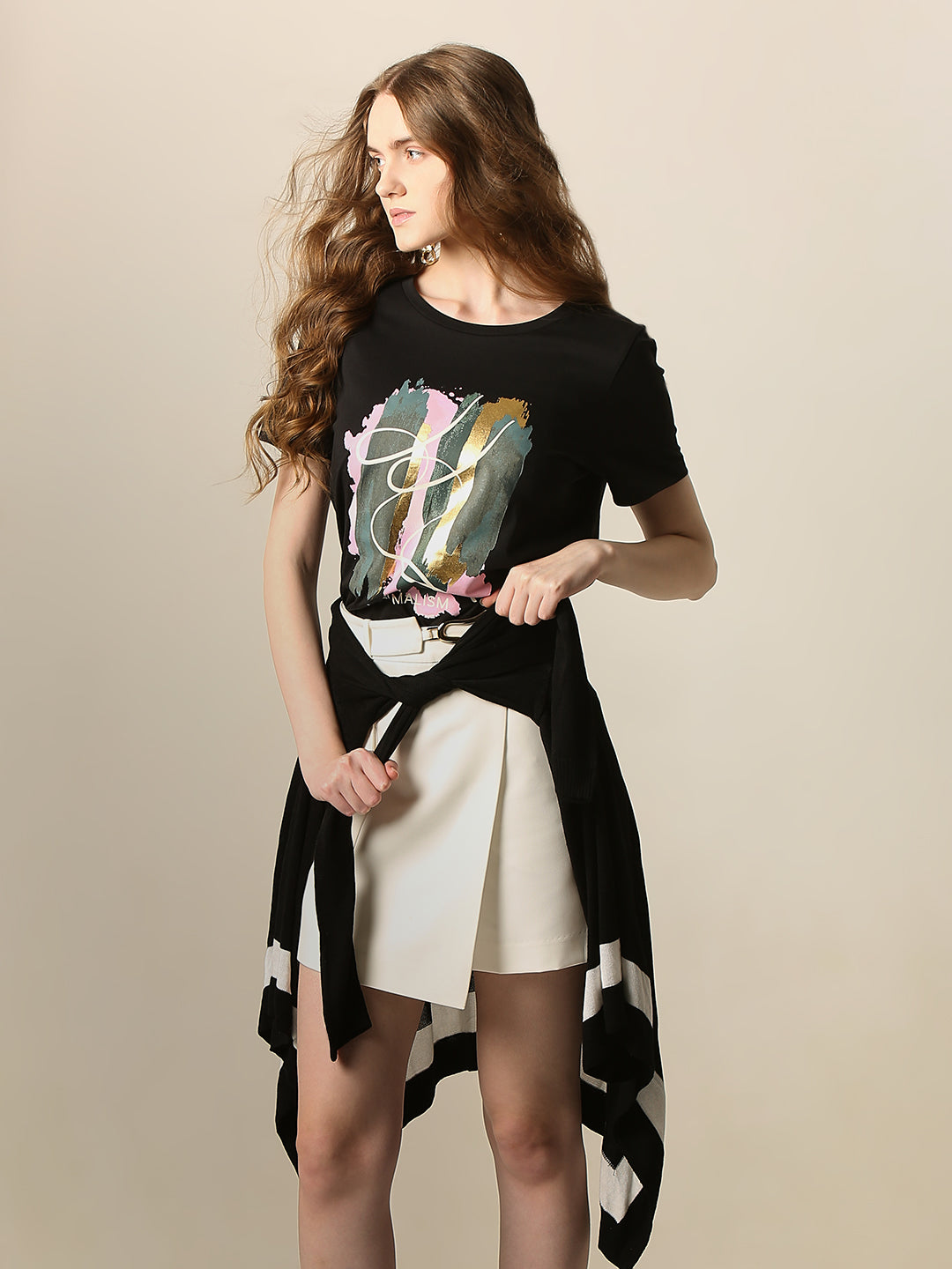 Women's Black Printed Cotton T-Shirt