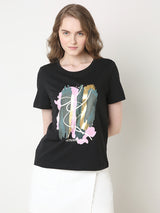 Women's Black Printed Cotton T-Shirt