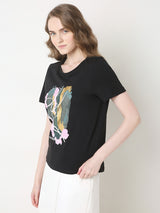 Women's Black Printed Cotton T-Shirt