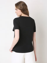 Women's Black Printed Cotton T-Shirt