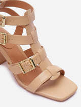 Women's Beige Casual Leather Ankle Strap