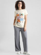 Women's Beige Knitted Casual Printed Regular Fit Half Sleeves Tshirt
