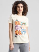 Women's Beige Knitted Casual Printed Regular Fit Half Sleeves Tshirt