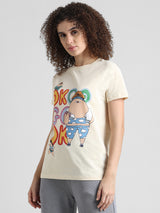 Women's Beige Knitted Casual Printed Regular Fit Half Sleeves Tshirt