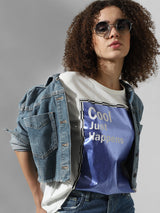 Women's White Knitted Casual Printed Regular Fit Half Sleeves Tshirt