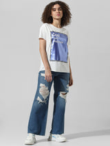 Women's White Knitted Casual Printed Regular Fit Half Sleeves Tshirt