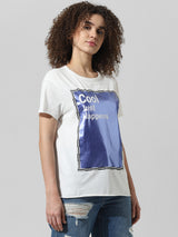 Women's White Knitted Casual Printed Regular Fit Half Sleeves Tshirt