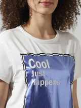 Women's White Knitted Casual Printed Regular Fit Half Sleeves Tshirt
