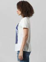 Women's White Knitted Casual Printed Regular Fit Half Sleeves Tshirt