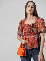 Women's Brown Woven Casual Printed Regular Fit Half Sleeves Top