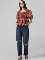 Women's Brown Woven Casual Printed Regular Fit Half Sleeves Top