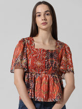 Women's Brown Woven Casual Printed Regular Fit Half Sleeves Top