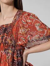 Women's Brown Woven Casual Printed Regular Fit Half Sleeves Top