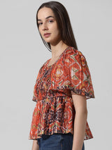 Women's Brown Woven Casual Printed Regular Fit Half Sleeves Top