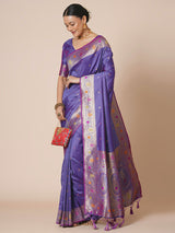 Women's Silk Blend Purple Woven Design Designer Saree with Blouse Piece