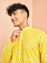 Men's Yellow Cotton Leheriya Printed Kurta