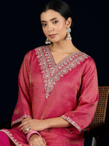 Women's Pink C-Cut Kurta with Zari Embroidery and Ankle-Length Palazzo