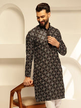 Men's Black Cotton Silk Thread Embroidered Long Kurta with Golden Accents