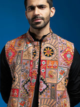 Men's Multicolor Crepe Printed Embroidered Sequinned Full Sleeves Nehru Jacket