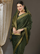 Women's Georgette Green Woven Design Designer Saree with Blouse Piece