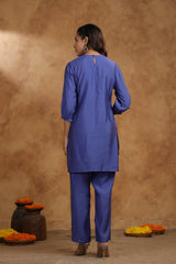 Women's Blue Fusion Regular Fit Embroidered Three Quarter Sleeves Kurtas Sets