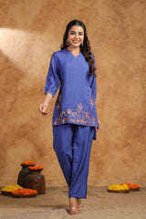 Women's Blue Fusion Regular Fit Embroidered Three Quarter Sleeves Kurtas Sets