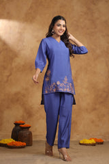 Women's Blue Fusion Regular Fit Embroidered Three Quarter Sleeves Kurtas Sets
