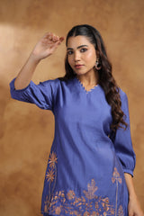 Women's Blue Fusion Regular Fit Embroidered Three Quarter Sleeves Kurtas Sets
