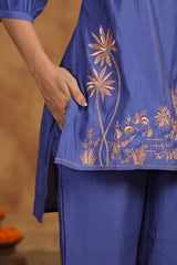 Women's Blue Fusion Regular Fit Embroidered Three Quarter Sleeves Kurtas Sets
