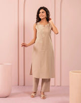 Women's Beige Fusion Regular Fit Embroidered Sleevless Kurtas Sets