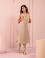 Women's Beige Fusion Regular Fit Embroidered Sleevless Kurtas Sets