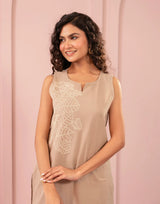 Women's Beige Fusion Regular Fit Embroidered Sleevless Kurtas Sets