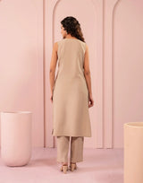Women's Beige Fusion Regular Fit Embroidered Sleevless Kurtas Sets
