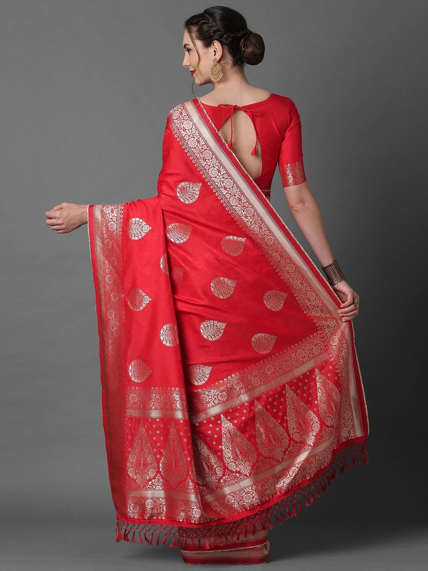 Women's Silk Blend Red Woven Design Celebrity Saree with Blouse Piece