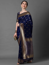 Women's Silk Blend Navy Woven Design Designer Saree with Blouse Piece