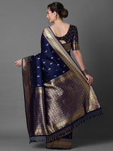 Women's Silk Blend Navy Woven Design Designer Saree with Blouse Piece