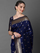 Women's Silk Blend Navy Woven Design Designer Saree with Blouse Piece