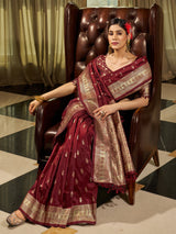 Women's Silk Blend Brown Woven Design Celebrity Saree with Blouse Piece