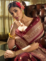 Women's Silk Blend Brown Woven Design Celebrity Saree with Blouse Piece