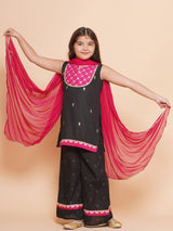 Girls Black Cotton Embroidered Kurta With Palazzos Set & Dupatta
