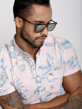 Men's Peach Casual Printed Slim Fit Half Sleeves Shirt