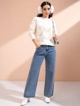 Women's White Casual Self-Design Full Sleeves Sweater