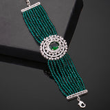 Women's Rhodium Plated CZ Sparkling Multi-Layered Bracelet with Emerald Beads