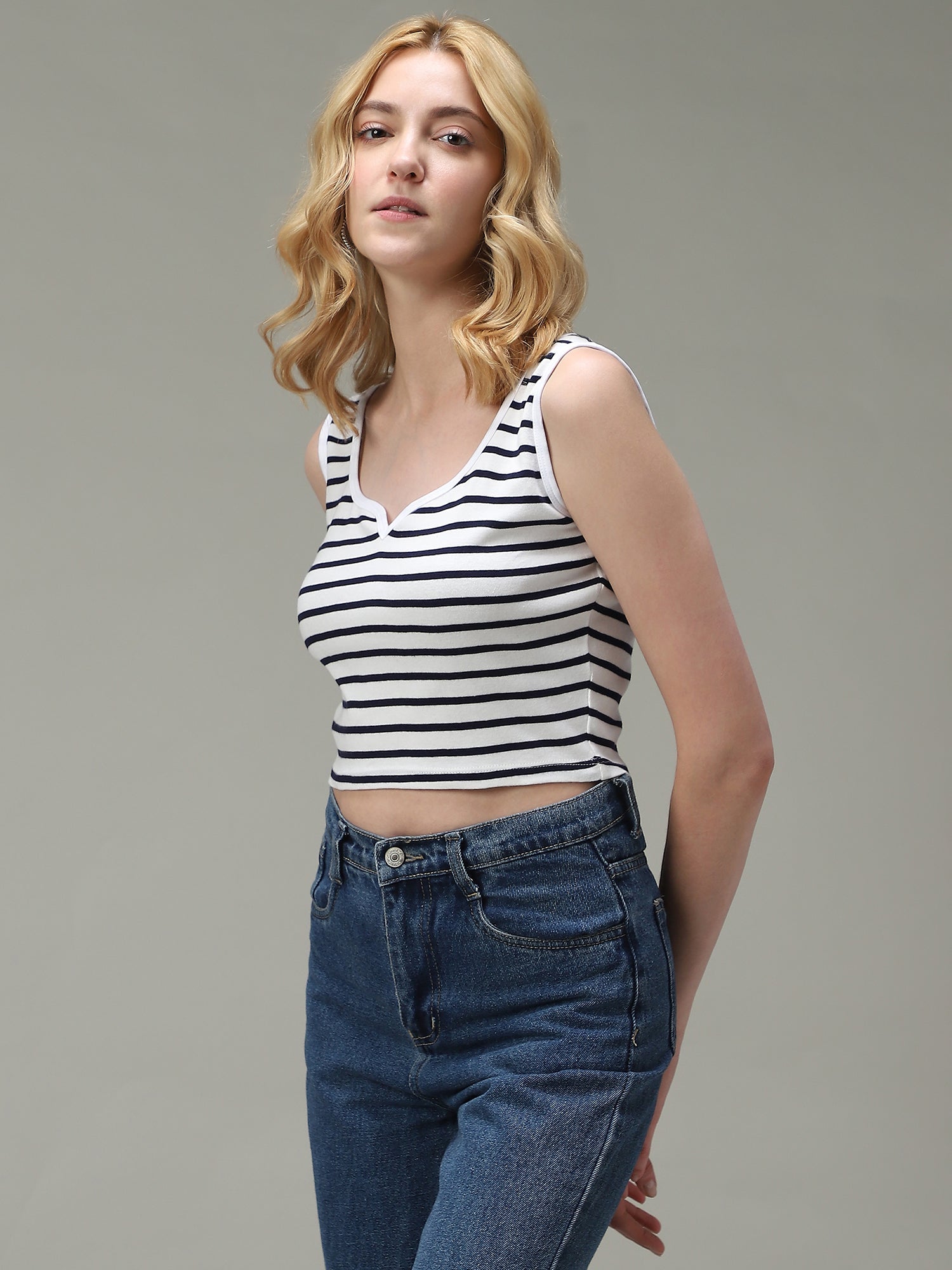 Women's Navy Casual Fitted Striped Top