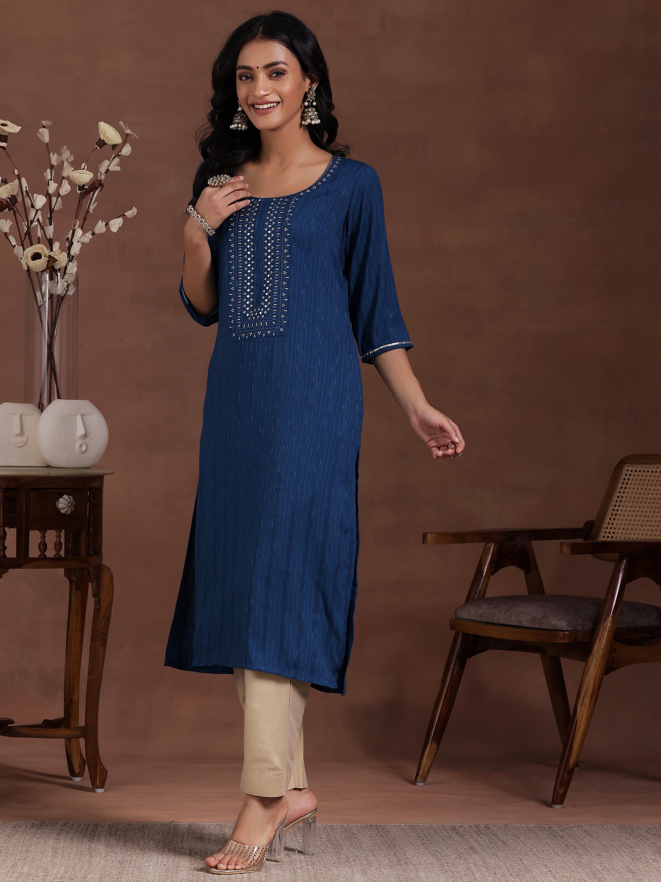 Women's Blue Woven Design Viscose Rayon Kurta with Pocket